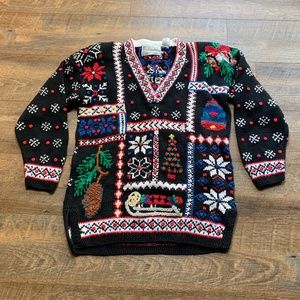 VINTAGE Northern Isles Sweaters Women M BlackV neck Hand Knit holiday novelty